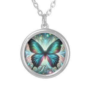 Butterfly with Galactic Glow and Sparkling Stars Silver Plated Necklace