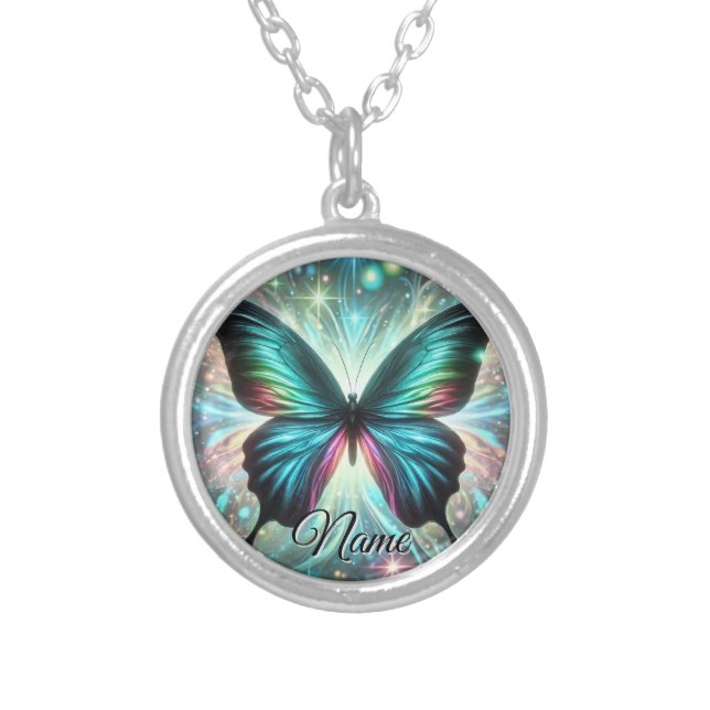 Butterfly with Galactic Glow and Sparkling Stars Silver Plated Necklace (Front)