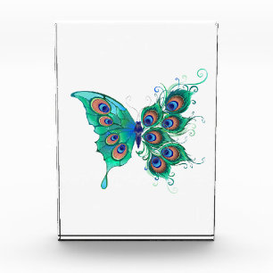 Butterfly with Green Peacock Feathers Acrylic Award