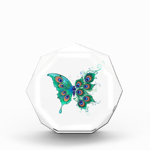 Butterfly with Green Peacock Feathers Acrylic Award