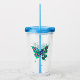 Butterfly with Green Peacock Feathers Acrylic Tumbler
