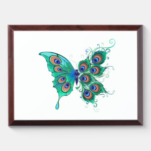 Butterfly with Green Peacock Feathers Award Plaque