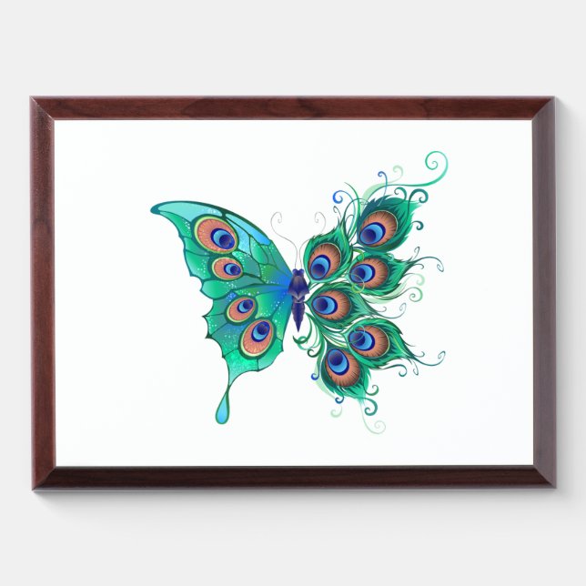 Butterfly with Green Peacock Feathers Award Plaque (Horizontal)