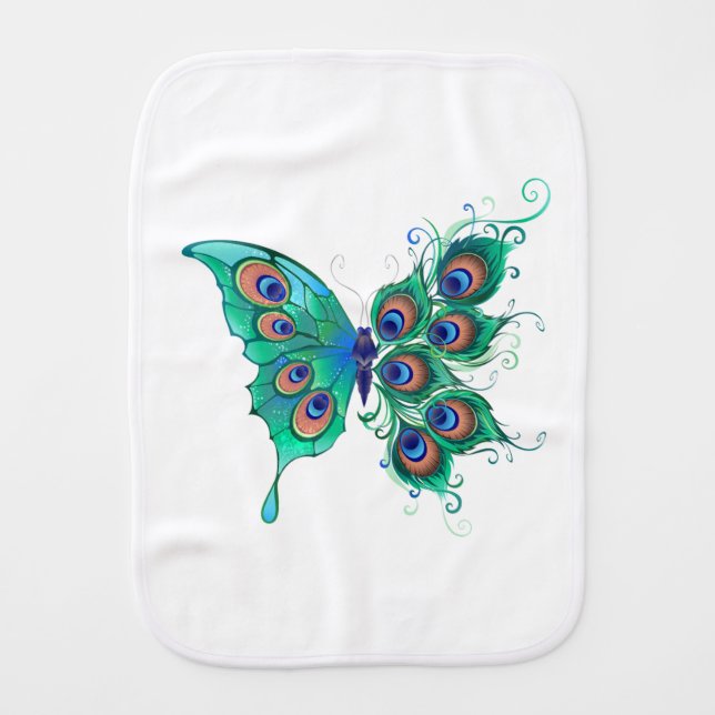 Butterfly with Green Peacock Feathers Baby Burp Cloth (Front)