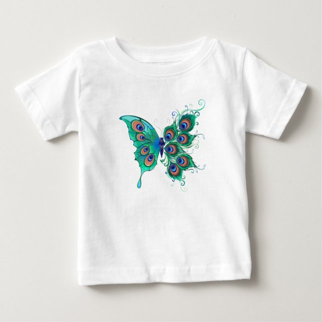 Butterfly with Green Peacock Feathers Baby T-Shirt (Front)