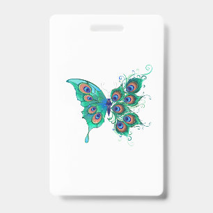 Butterfly with Green Peacock Feathers Badge