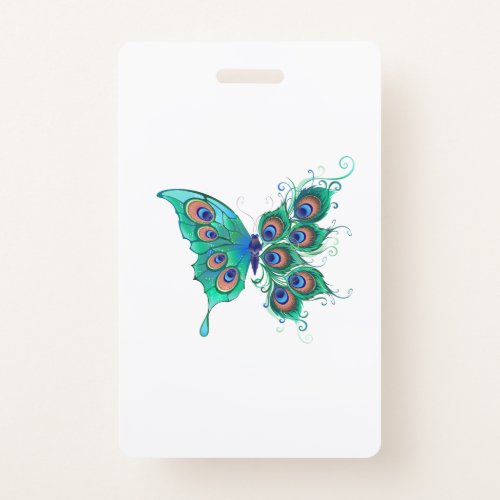 Butterfly with Green Peacock Feathers Badge