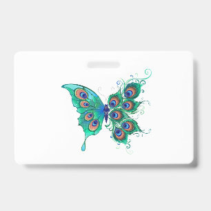 Butterfly with Green Peacock Feathers Badge