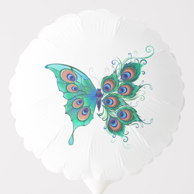 Butterfly with Green Peacock Feathers Balloon (Front)