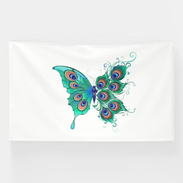 Butterfly with Green Peacock Feathers Banner (Horizontal)
