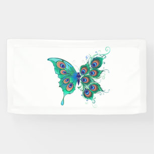 Butterfly with Green Peacock Feathers Banner