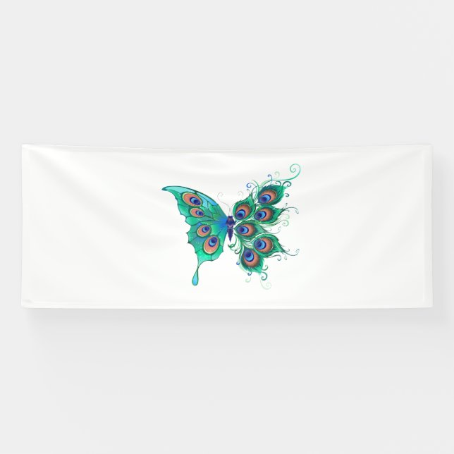 Butterfly with Green Peacock Feathers Banner (Horizontal)