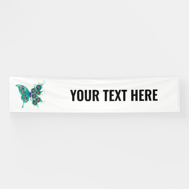 Butterfly with Green Peacock Feathers Banner (Horizontal)