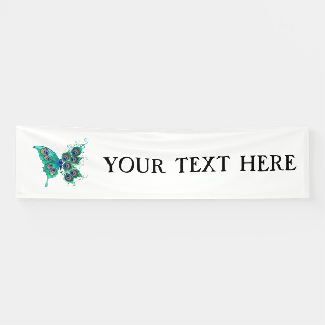Butterfly with Green Peacock Feathers Banner (Horizontal)