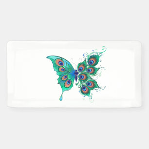 Butterfly with Green Peacock Feathers Banner