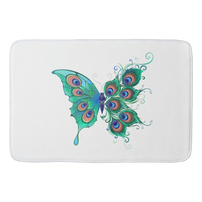 Butterfly with Green Peacock Feathers Bath Mat (Front)