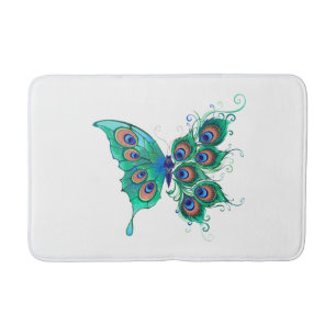 Butterfly with Green Peacock Feathers Bath Mat