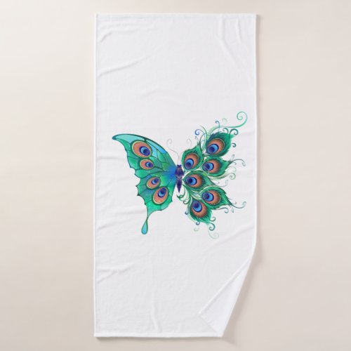 Butterfly with Green Peacock Feathers Bath Towel