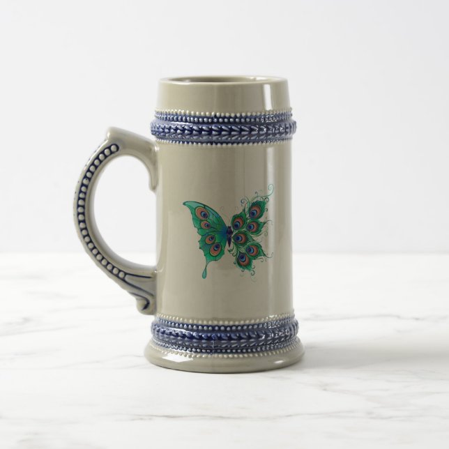 Butterfly with Green Peacock Feathers Beer Stein (Left)