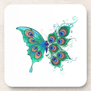 Butterfly with Green Peacock Feathers Beverage Coaster