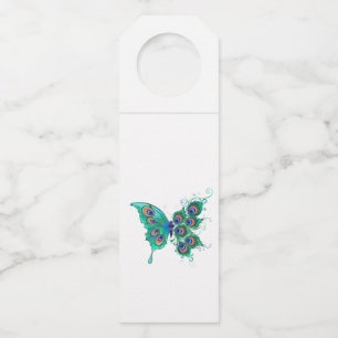 Butterfly with Green Peacock Feathers Bottle Hanger Tag