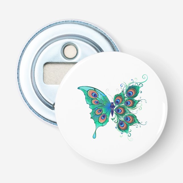 Butterfly with Green Peacock Feathers Bottle Opener (Front)