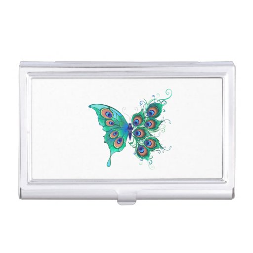 Butterfly with Green Peacock Feathers Business Card Case