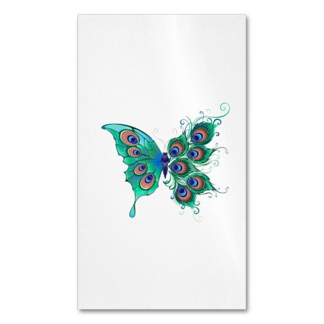 Butterfly with Green Peacock Feathers Business Card Magnet (Front Vertical)