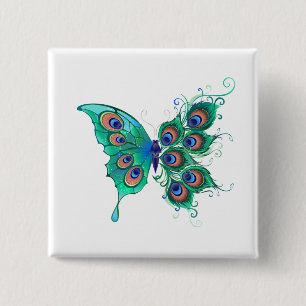 Butterfly with Green Peacock Feathers Button