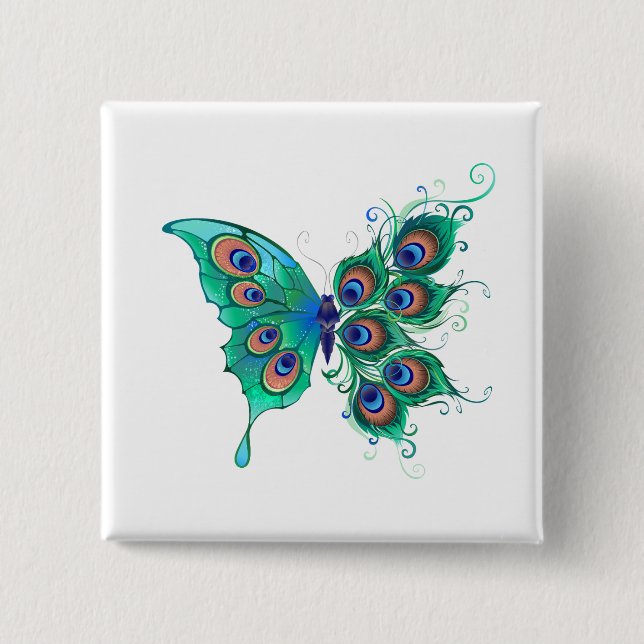 Butterfly with Green Peacock Feathers Button (Front)