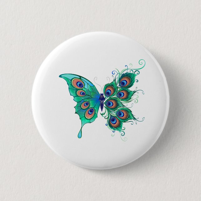 Butterfly with Green Peacock Feathers Button (Front)