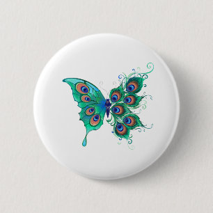 Butterfly with Green Peacock Feathers Button