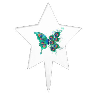 Butterfly with Green Peacock Feathers Cake Topper