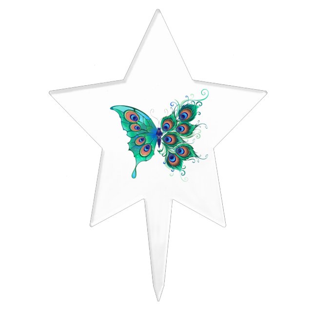 Butterfly with Green Peacock Feathers Cake Topper (Front)