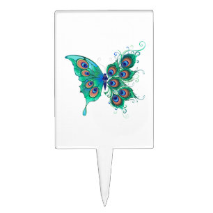 Butterfly with Green Peacock Feathers Cake Topper