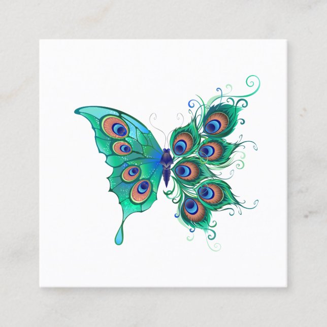 Butterfly with Green Peacock Feathers Calling Card (Front)