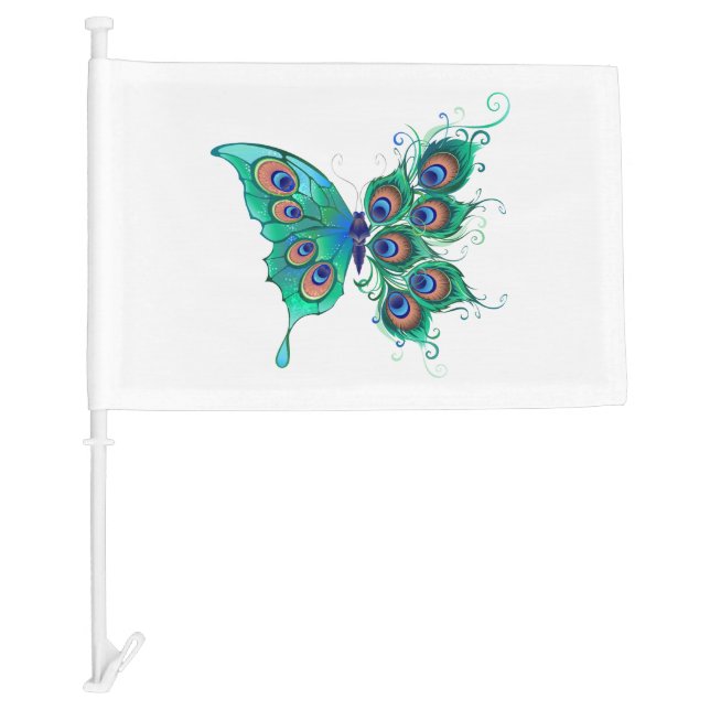 Butterfly with Green Peacock Feathers Car Flag (Front)