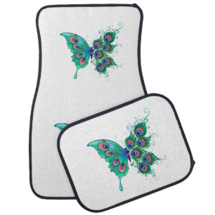 Butterfly with Green Peacock Feathers Car Floor Mat