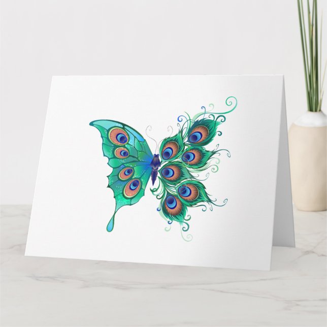 Butterfly with Green Peacock Feathers Card (Front)