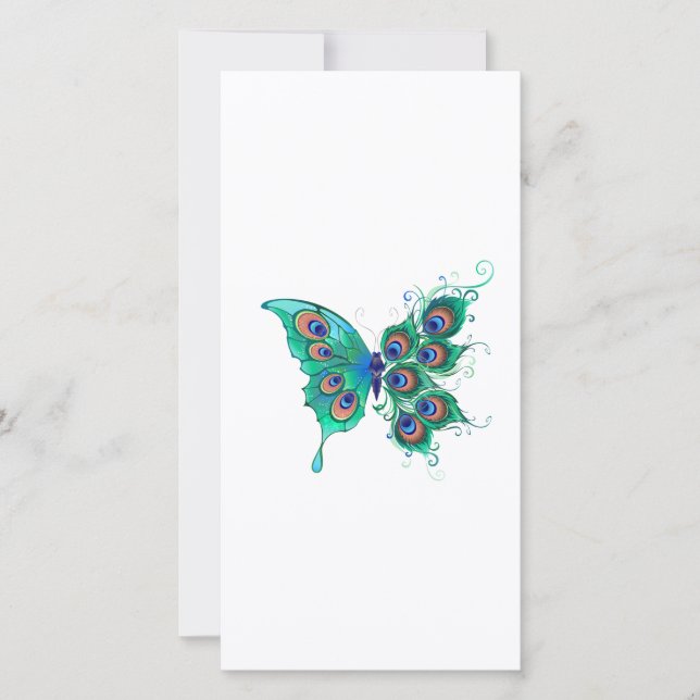 Butterfly with Green Peacock Feathers Card (Front)