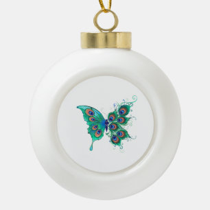 Butterfly with Green Peacock Feathers Ceramic Ball Christmas Ornament