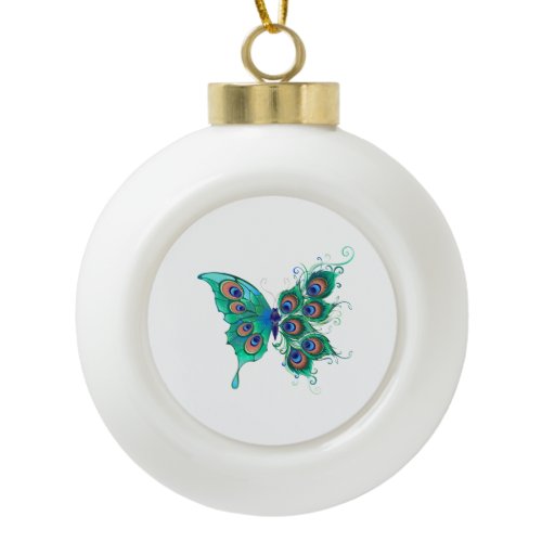 Butterfly with Green Peacock Feathers Ceramic Ball Christmas Ornament