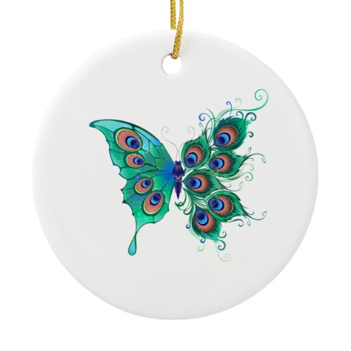 Butterfly with Green Peacock Feathers Ceramic Ornament
