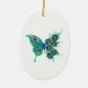 Butterfly with Green Peacock Feathers Ceramic Ornament