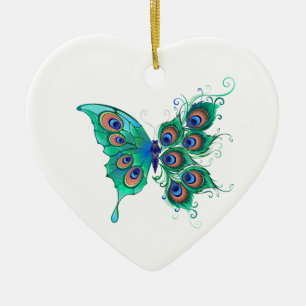 Butterfly with Green Peacock Feathers Ceramic Ornament