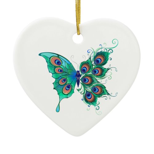 Butterfly with Green Peacock Feathers Ceramic Ornament
