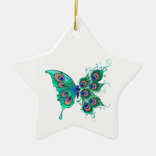 Butterfly with Green Peacock Feathers Ceramic Ornament