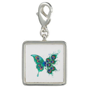 Butterfly with Green Peacock Feathers Charm