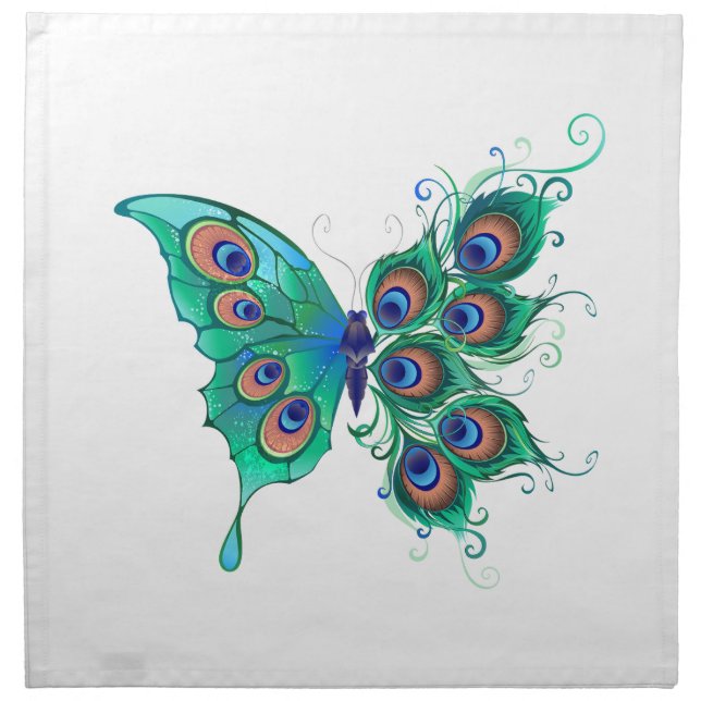 Butterfly with Green Peacock Feathers Cloth Napkin (Front)