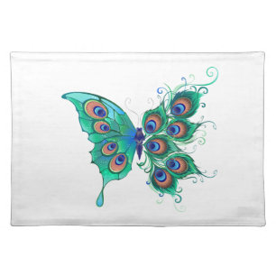 Butterfly with Green Peacock Feathers Cloth Placemat